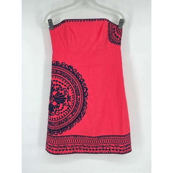 Lilly Pulitzer Strapless Bowen Dress Pink Navy Blue Embroidered Size 8 Preppy - Picture 1 of 11